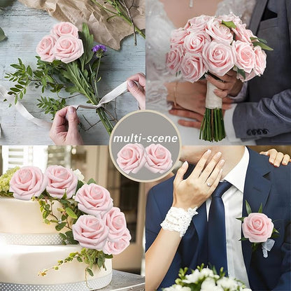 200PCS Artificial Flowers Light Pink Roses Real Looking Foam Fake Roses with Leaves and for DIY Wedding Bouquets Bridal Shower Centerpieces Party Decorations (Light Pink, 200)
