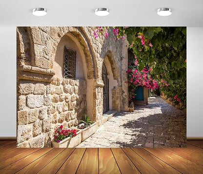 8x6ft Fabric Old Stone Street Backdrop Jerusalem Ancient Narrow Street with Blooming Flowers Israel Background Ancient Stone Wall Backdrop Photoshoot Studio Props