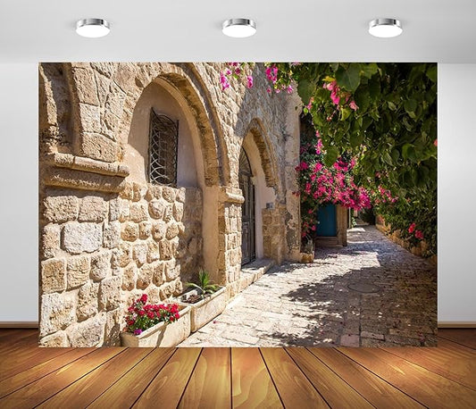 12x8ft Fabric Old Stone Street Backdrop Jerusalem Ancient Narrow Street with Blooming Flowers Israel Background Ancient Stone Wall Backdrop Photoshoot Studio Props