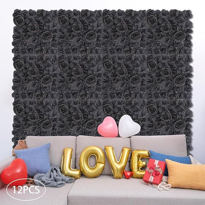 12PCS Artificial Flowers Decoration, Flower Wall Panels, Black Flowers Wall, Stage Background Artificial Flowers Decoration, Silk Rose Flower Panels, Use for Party, Anniversary