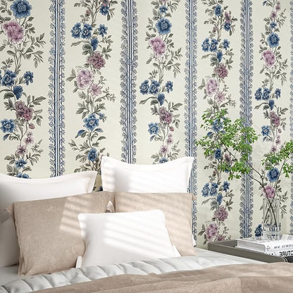 Vintage Floral Wallpaper Peel and Stick Boho Wallpapers 17.5in x 9.8ft Blue/Beige Floral Wall Mural Vinyl Removable Self Adhesive Nursery Modern Wallpaper for Bookshelf Cabinets Bathroom Walls