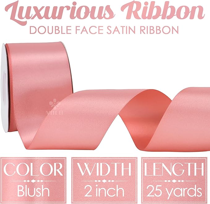 MEEDEE Blush Satin 2 Inch Ribbon Pink Double Faced Ribbon by 25 Yards Silk Ribbons Luxurious Satin Ribbons for Crafts, Weddings, Flower Bouquet, Cake Decoration