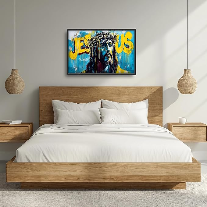 Banksy Jesus Large Wall Art Graffiti Framed Wall Decor for Living Room Pop Street Pictures Oversized Canvas Print Painting Modern Extra Large Framed Artwork for Bedroom Office 36"x24"