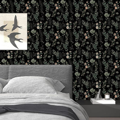 Black Green Leaf Wallpaper Peel and Stick Vintage Taupe Green Floarl Contact Paper 17.4" X 118" Moody Wallpaper Waterproof Self-Adhesive Wall Covering for Bedroom Countertop Desk Cabinets Decor