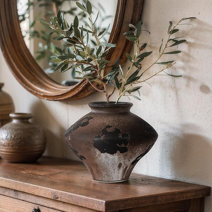 Rustic Ceramic Wabi Sabi Vase, 6.7''Vintage Brown Pottery Flower Jar with Wide Mouth, Handmade Distressed Clay Decor for Table Centerpiece, Farmhouse Shelf, Entryway or Mantel