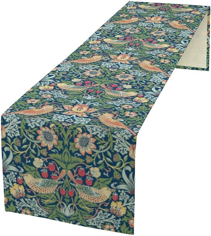 William Morris Floral Table Runner, Vintage Green Flowers Botanical Printed Table Runner for Home Kitchen Dining Table Decoration,13x90 Inch