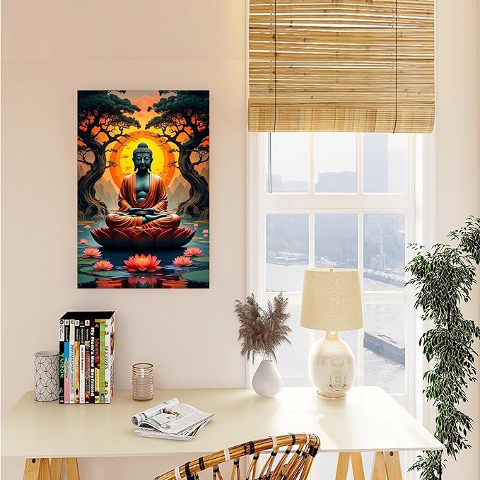 Canvas wall art Golden Buddha on lotus at sunset Ancient trees with reflections on water Serene meditation scene Uplifting wall art for mindfulness and tranquil home decor 24x36in Wood Framed