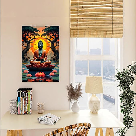 Canvas wall art Golden Buddha on lotus at sunset Ancient trees with reflections on water Serene meditation scene Uplifting wall art for mindfulness and tranquil home decor 12x18in Frameless