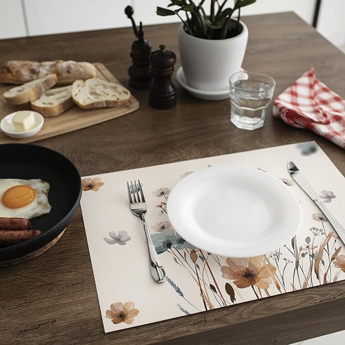 Brown Poppy Floral Placemats Set of 4, 12x18 Inch Flower Table Mats for Dining Farmhouse Kitchen Party Decor Home Decor - A03