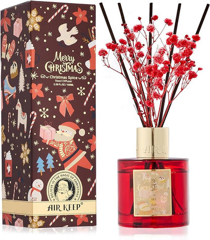 Airkeep Christmas Reed Diffuser Set - 3.38 fl oz (100 ml) Christmas Spice Oil for Home Fragrance, Bathroom Shelf Decor - Christmas Day with 8 Sticks