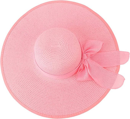 DRESHOW Beach Hats for Women Big Straw Wide Brim Summer Hat Floppy Foldable Roll up Cap Sun Hat UPF 50+