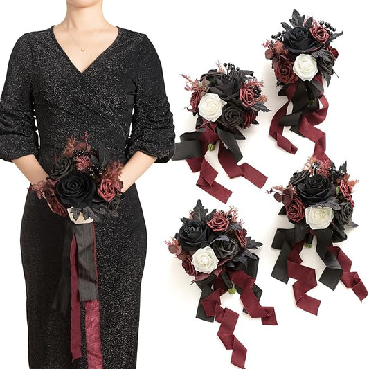 Ling's moment Artificial Flowers Gothic Bridesmaid Bouquet Set of 4, Burgundy and Black Wedding Flowers Bouquets for Bridesmaids 7 Inch Bridal Bouquets for Bridesmaids, Wedding, Ceremony, Anniversary