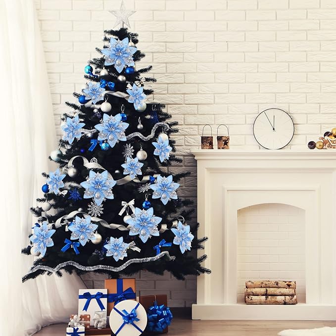 Geosar 36 Pcs Christmas Glitter Artificial Poinsettia Flowers Xmas Poinsettia Artificial Wedding Flowers Decorations Xmas Tree Ornaments with Clips for Party, 6 Inch, 4 Inch, 3 Inch(Silver and Blue)