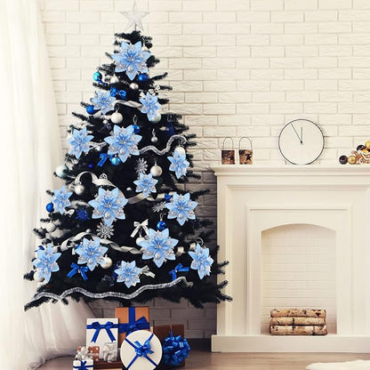 Geosar 36 Pcs Christmas Glitter Artificial Poinsettia Flowers Xmas Poinsettia Artificial Wedding Flowers Decorations Xmas Tree Ornaments with Clips for Party, 6 Inch, 4 Inch, 3 Inch(Silver and Blue)