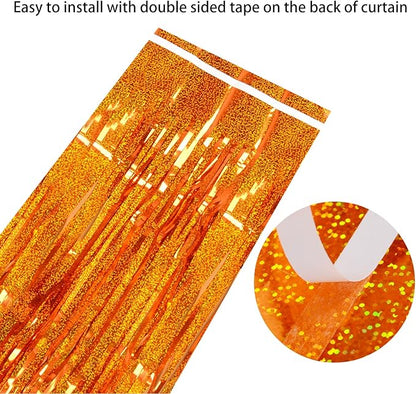 Upgraded Thicker Melsan Tinsel Fringe Curtain, 3 Pack 3.2 x 8.2 ft Orange Metallic Streamers with Extra Tape, for Thanksgiving Birthday Baby Shower Graduation Party Decor