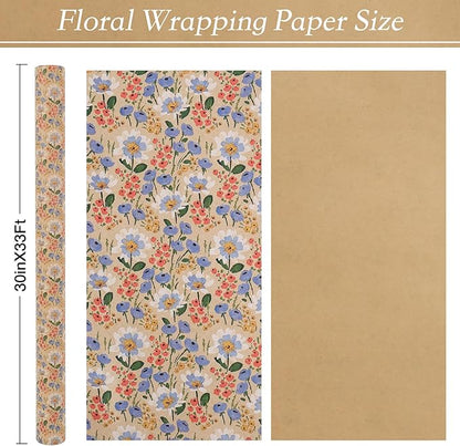 Aimyoo Kraft Floral Wrapping Paper Roll - Jumbo Roll - 30 Inch x 33 Feet - All Occasion Vintage Flower Gift Wrap Paper for Mother's Day Wedding Birthday Bridal Shower