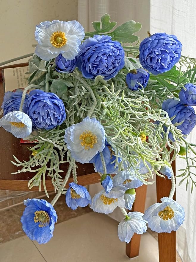 Set of 6 Light Blue Silk Poppy Flowers Artificial with Stems Silk Poppies Bouquet Faux Ranunculus Artificial Flowers for Wedding Party Home Office Indoor Decoration (Light Blue)