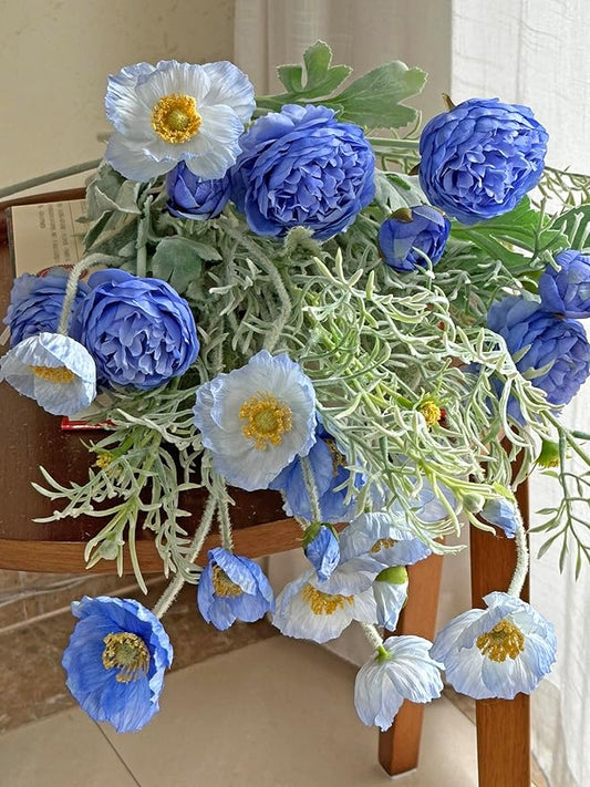 Set of 6 Light Blue Silk Poppy Flowers Artificial with Stems Silk Poppies Bouquet Faux Ranunculus Artificial Flowers for Wedding Party Home Office Indoor Decoration (Light Blue)