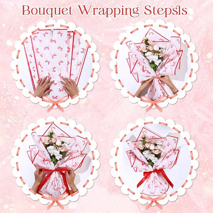 Liobelon 20 Sheets Flower Wrapping Paper Waterproof Bouquet Paper with Bow Pattern Gift Wrapping Paper for Flower Shop, Wedding, Birthday Party, Handmade DIY, Anniversary 22.8 x 22.8 Inch (Bow - red)