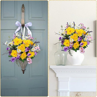 Fake Flowers Outdoor 15.7" Summer Artificial Wildflowers Bouquet Mixed Bush Faux Silk Flowers for Home Planter Porch Garden Cemetery Table Centerpieces Indoor Décor (Daffodils Tulips Daisies)