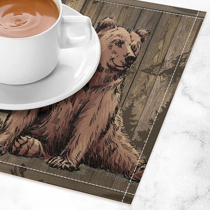 Rustic Lodge Bears Placemats Set of 4, Vintage Cabin Pine Tree Wooden Board Place Mats, Heat Resistant Non Slip Cotton Linen Dining Table Mats for Home Party Kitchen 18x12 Inch