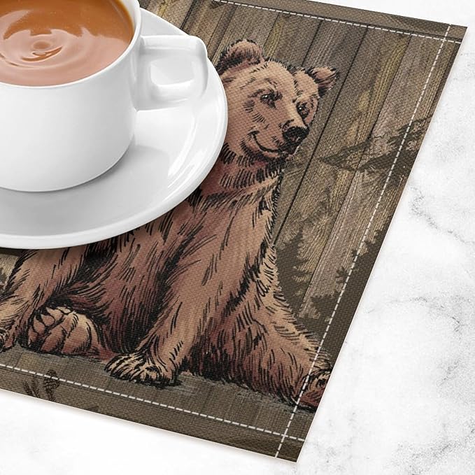 Rustic Lodge Bears Placemats Set of 6, Vintage Cabin Pine Tree Wooden Board Place Mats, Heat Resistant Non Slip Cotton Linen Dining Table Mats for Home Party Kitchen 18x12 Inch