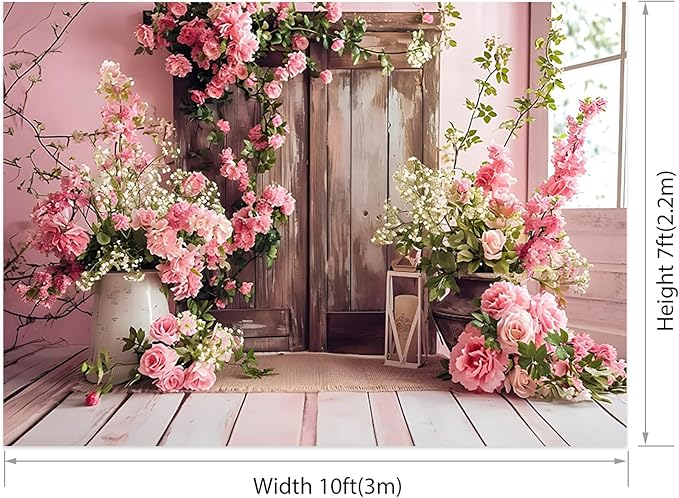 AOTOFO 10x7ft Rustic Wood Floral Backdrop for Baby Shower Newborn Studio Picture Photography Wooden Door Pink Flower Wall Background Wedding Bridal Shower Birthday Party Photoshoot Booth Banner