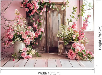 AOTOFO 10x7ft Rustic Wood Floral Backdrop for Baby Shower Newborn Studio Picture Photography Wooden Door Pink Flower Wall Background Wedding Bridal Shower Birthday Party Photoshoot Booth Banner