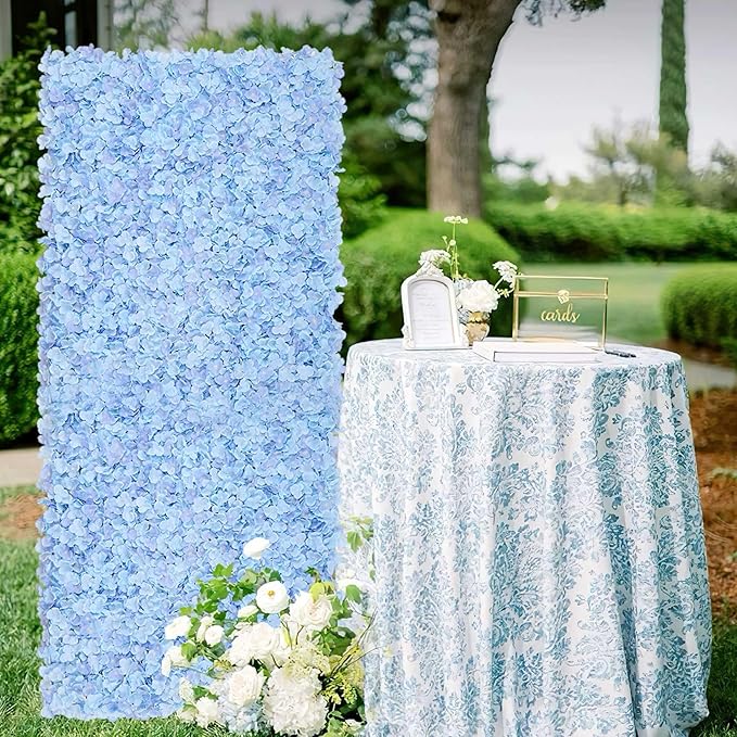 Blue Flower Wall Panels Backdrop: Wedding Artificial Flower Wall Backdrop 3.75ft by 5ft Hydrangea Floral Wall for Anniversary Graduation Party Decoration (12 Pcs 15 x 15 Inch)