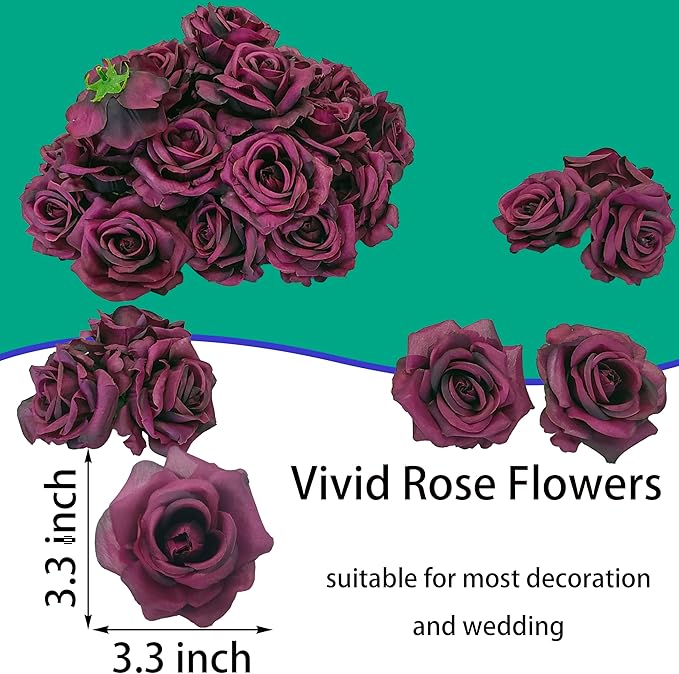 Artificial Satin Rose Flower Heads,48 Pcs Silk Rose Heads with Stems,3.3'' Rose Artificial Flowers Bulk,Artificial Rose Flower Heads for DIY Crafts Bouquet (48, Burgundy)