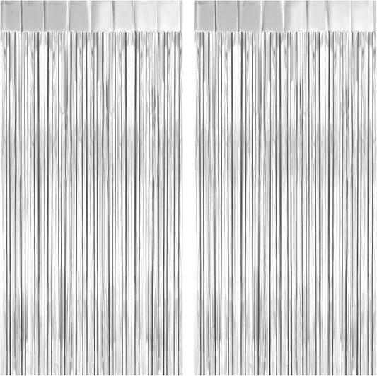 2 Pack Silver Foil Fringe Curtain Backdrop, 3.2Ft x 8.2Ft Metallic Tinsel Foil Fringe Streamer Curtains for Party Photo Booth Props Bachelorette Birthday Bridal Shower Christmas Decorations