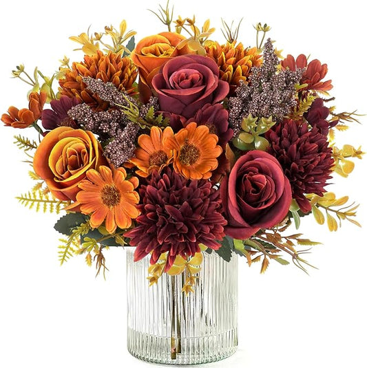 Dremisland Artificial Flowers Like Real Artificial Bouquet 2 Packs Silk Artificial Roses Bouquet with Daisy Chrysanthemum Pink Flowers for Centerpiece Table Wedding Party Home Decor
