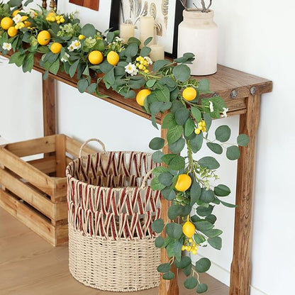 Mizii Artificial Lemon Garland 6FT Fake Fruit Lemons Garland with Green Eucalyptus Leaves Hanging Vines Greenery Decorations for Kitchen Table Centerpieces Room Wall Party Birthday Decor (Eucalyptus)
