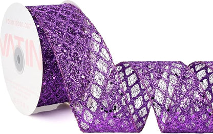 VATIN 2-1/2" Purple Christmas Ribbon, Purple Glitter Mesh Diamond Web Sequin Dots Wired Christmas Ribbon for Gift Wrapping Bow Making Wreath Supply-10 Yards