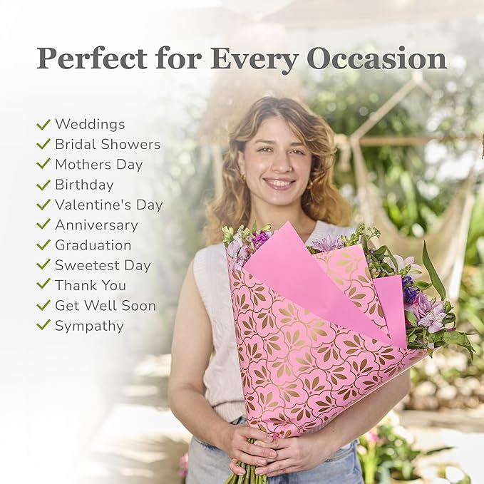 the florist Supply 20 Sheets Premium Flower Wrapping Paper | Waterproof Flower Wrapping Paper for Bouquets | Double Sided Floral Bouquet Sheets | DIY Gifts Isabella Light Pink/Gold