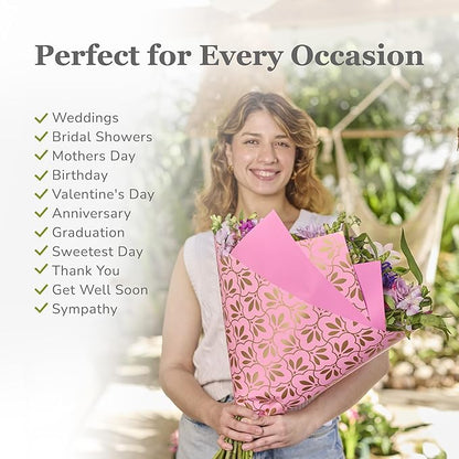 the florist Supply 20 Sheets Premium Flower Wrapping Paper | Waterproof Flower Wrapping Paper for Bouquets | Double Sided Floral Bouquet Sheets | DIY Gifts Isabella Light Pink/Gold