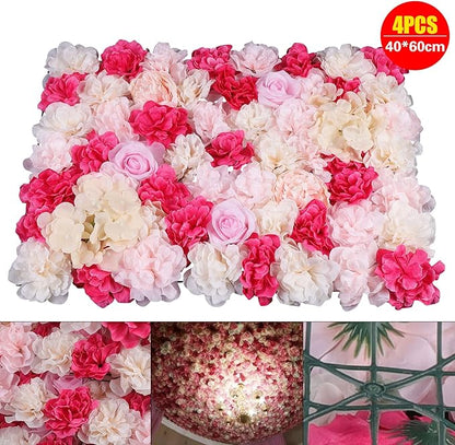 16"x 24" Artificial Flower Wall Panels,Flower Wall Mat Silk Flower Panels for Outdoor Garden Backyard Fence Fence Privacy Screen and Indoor Wall Decor (4Pcs Rose Red+ Pink+ Light Yellow)