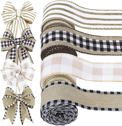 4 Rolls Winter Burlap Checked Ribbon Wire Border Christmas Holiday DIY Present Butterfly Floral Craft Decor 1.5 Inches Wide 13.2 Yard (Natural)