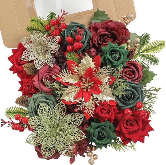 YYHUAWU Christmas Flowers Artificial,Poinsettias Artificial Christmas Flowers and Mix Silk Flowers Fake Roses Combo for DIY Wedding Bridal Bouquet, Centerpieces, Home, Floral Arrangement Decor, etc.