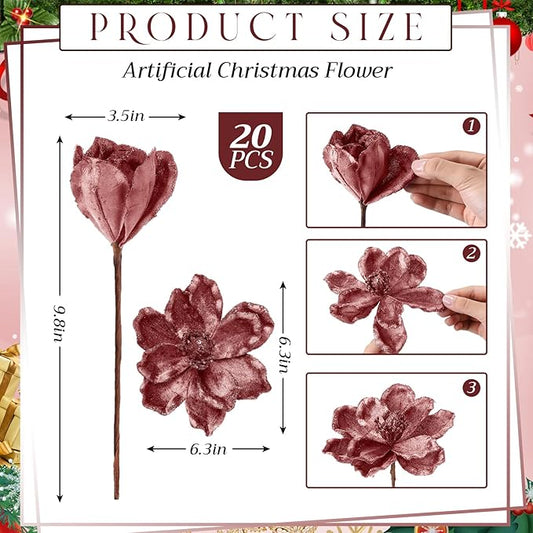 20 Pcs Christmas Glitter Poinsettia Magnolia Flowers Ornaments Large Heads Artificial Magnolia Flowers for Christmas Tree Xmas Wreath Holiday Wedding Decor(Rose Gold)