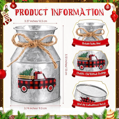 Domensi 6 Pcs Christmas Flower Vases for Table Centerpieces Bulk 5.12 Inch Metal Galvanized Farmhouse Flower Buckets with Bow Rustic Xmas Milk Can Jug for Kitchen Dining Room Table Decor (Iron)
