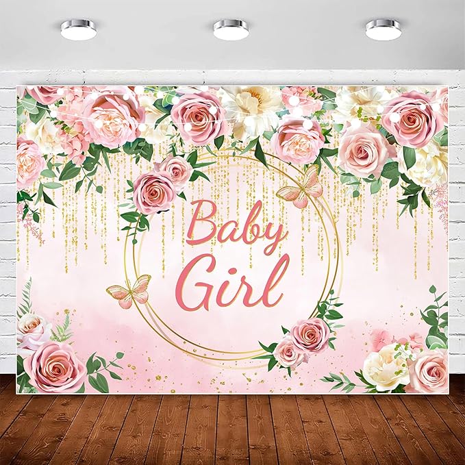 InMemory Pink Rose Baby Girl Baby Shower Backdrop Banner Decorations for Girl,Pink Floral It's a Girl Banner Photography Background for Sweet Girls Baby Shower Party Supplies Photo Booth Props 7x5ft