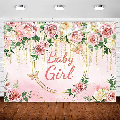 InMemory Pink Rose Baby Girl Baby Shower Backdrop Banner Decorations for Girl,Pink Gold Floral It's a Girl Banner Photography Background for Sweet Girls Baby Shower Party Decor Photo Booth Props 8x6ft