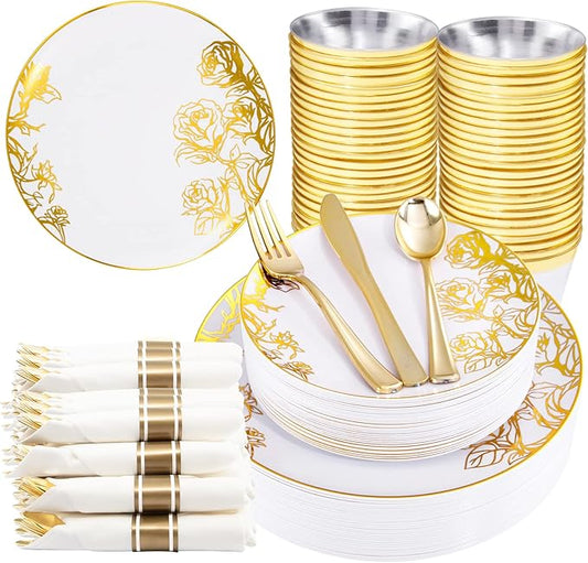 DaYammi 210Pcs White Gold Plastic Plates for Party,Gold Disposable Dinnerware Set Includes 60 gold floral plates,30 plastic Silverware,30 Per Rolled Napkins,30 Plastic Cups for Christmas Party Wedding