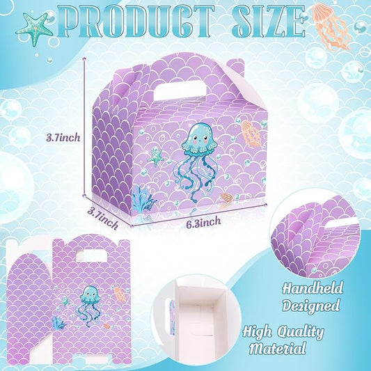 24 Pcs Mermaid Party Favors Treat Boxes Shell Pearl Mermaid Goodie Bags Candy Gift Bags Ocean Gable Box with Handles for Girls Under The Sea Birthday Party Supplies