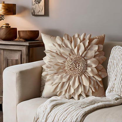 Bella's Giftshop 3D Sunflower Decorative Throw Pillow Covers for Bed Sofa Couch Car, Accent Floral Taffeta Cushion Cover, Handmade Pillow Cases Living Room Decor, 17x17 Inch-Beige/Taupe