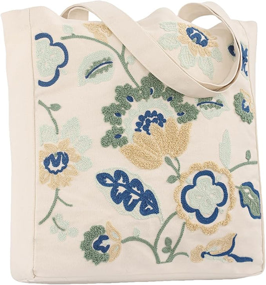 Aesthetic Embroidery Tote Bag for Lady Cute Reusable Canvas Shoulder Bag for Girls Women Shopping Grocery