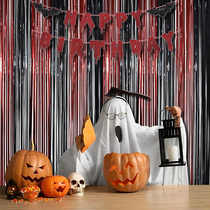 BRAVESHINE Tinsel Photo Backdrop Curtains - 2 Pack 3.2x8.2ft Black Red Foil Fringe Streamer Curtain for Christmas/New Years/Birthdays/Bachelorette/Home/Office/Indoor/Outdoor Party Supplies Decorations