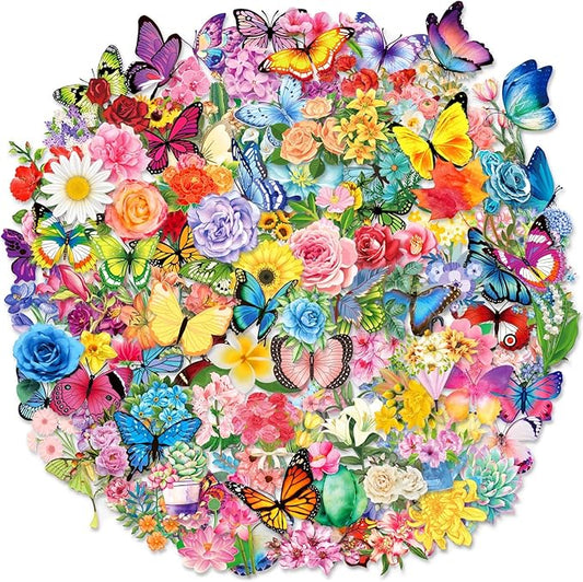 200Pcs Transparent Flower Butterfly Stickers, Aesthetic Nature Floral Decals for Girls Kids Teens Adults, Waterproof Sticker for Water Bottle Scrapbooking Laptop DIY Card Letters Party Supplies