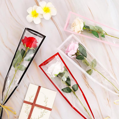 BEISHIDA 100 PCS Single Rose Sleeve Single Flower Wrapping Bags Single Rose Packaging Cellophane Flower Sleeves for Florist Bouquet Supplies, Mother's Day, Valentine's Day,Wedding Gift(Pink Edge)